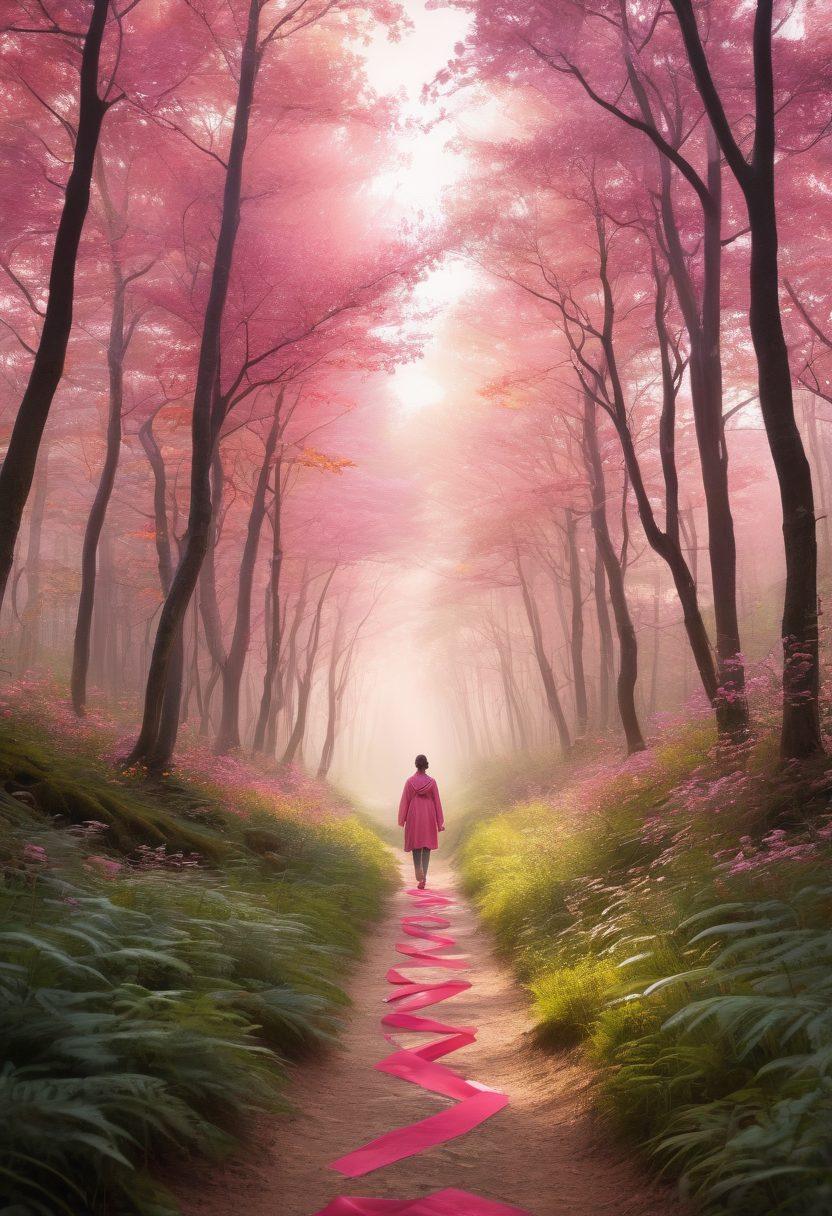 A serene journey through a vibrant forest symbolizing growth and healing, with gentle sunlight filtering through the trees. Include a winding path leading towards a bright horizon, intertwined with symbolic elements like pink ribbons and healthy flora representing cancer awareness and wellness. In the background, a soft silhouette of a person focused on mindfulness, embodying hope and strength. warm colors, painterly style, uplifting atmosphere.