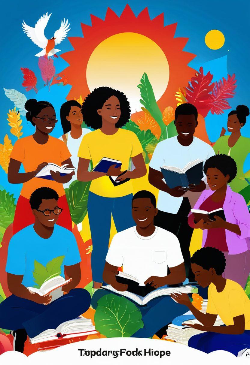 A vibrant, engaging illustration depicting a diverse group of individuals actively engaging with educational resources, such as books, tablets, and community workshops, amidst a backdrop of healthy food choices and exercise activities. The scene should convey a sense of empowerment and transformation, showing people transitioning from learning to taking action for better health. Use bright colors and dynamic poses to illustrate the energy and determination of the characters. Include symbolic elements like a rising sun to represent hope and growth. super-realistic. vibrant colors. white background.