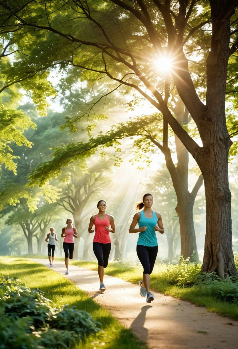 A serene landscape showcasing diverse individuals engaging in healthy lifestyle activities such as jogging, practicing yoga, and cooking nutritious meals together. Bright sun rays filtering through lush green trees symbolize hope and vitality. Subtle elements like cancer-awareness ribbons in the scene promote the theme of prevention. soft-focus. vibrant colors. super-realistic.